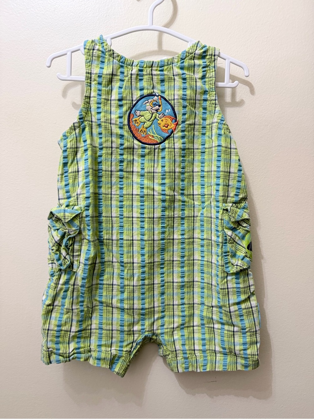 Y2K HealthTex Seer Sucker Plaid Romper Swimming Fish Dog 12 months